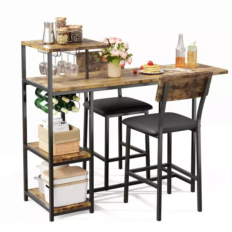 Dining Table Set for 2, 3-Piece Expandable Bar Table and Chairs Set, with Storage Shelves and Wine Rack, Small Kitchen Dining Set for Living Room