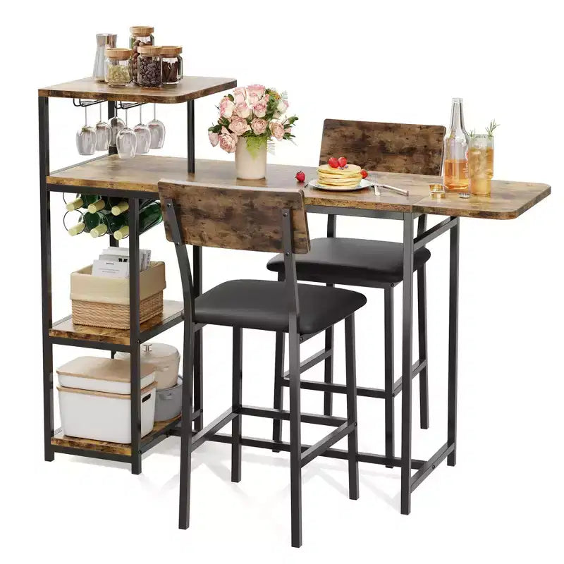 Dining Table Set for 2, 3-Piece Expandable Bar Table and Chairs Set, with Storage Shelves and Wine Rack, Small Kitchen Dining Set for Living Room