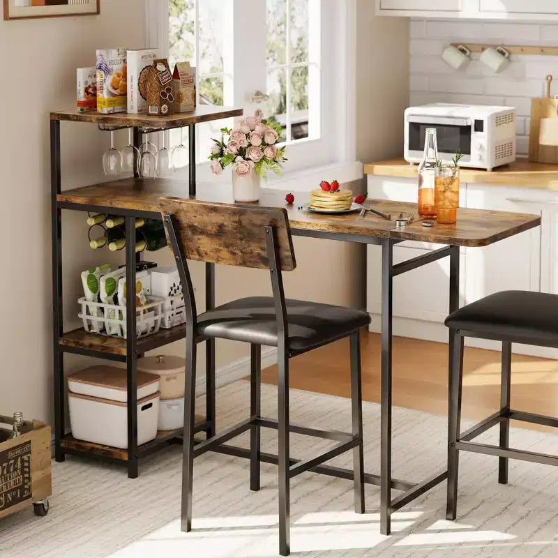 Dining Table Set for 2, 3-Piece Expandable Bar Table and Chairs Set, with Storage Shelves and Wine Rack, Small Kitchen Dining Set for Living Room