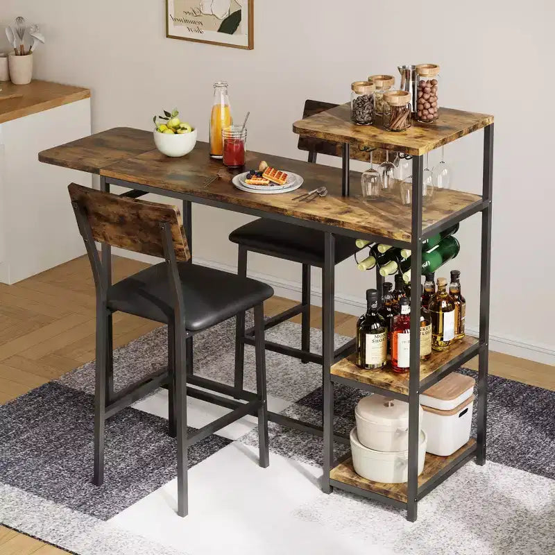 Dining Table Set for 2, 3-Piece Expandable Bar Table and Chairs Set, with Storage Shelves and Wine Rack, Small Kitchen Dining Set for Living Room