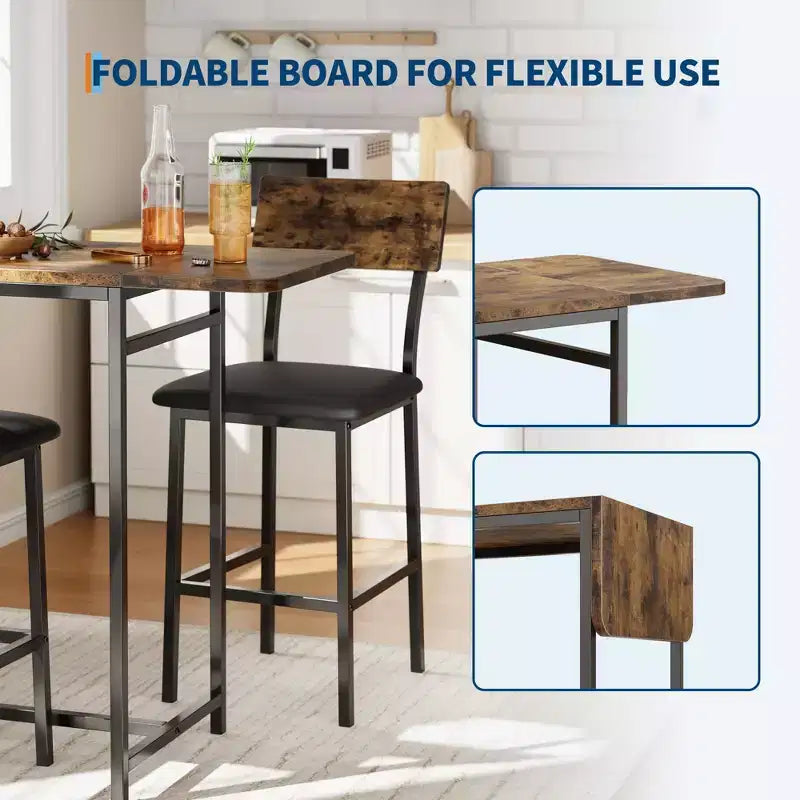 Dining Table Set for 2, 3-Piece Expandable Bar Table and Chairs Set, with Storage Shelves and Wine Rack, Small Kitchen Dining Set for Living Room