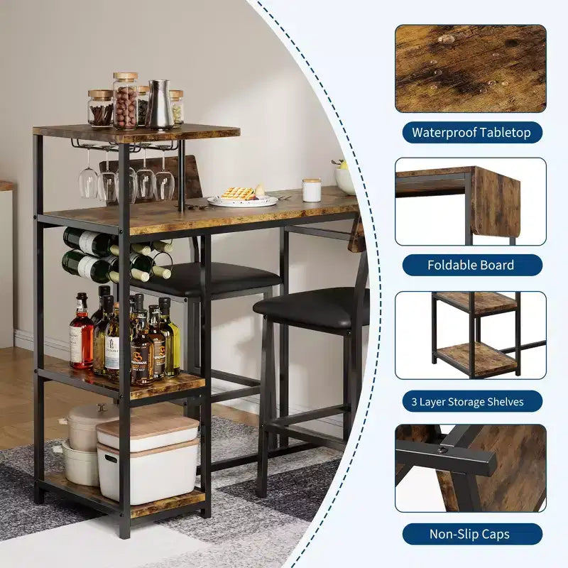 Dining Table Set for 2, 3-Piece Expandable Bar Table and Chairs Set, with Storage Shelves and Wine Rack, Small Kitchen Dining Set for Living Room