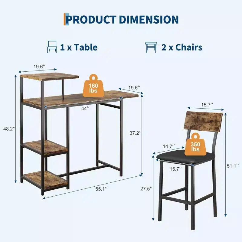 Dining Table Set for 2, 3-Piece Expandable Bar Table and Chairs Set, with Storage Shelves and Wine Rack, Small Kitchen Dining Set for Living Room
