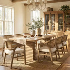 Christopher Knight Home Delia Farmhouse 9 Piece Dining Table with Rattan Rubberwood Upholstered Chairs