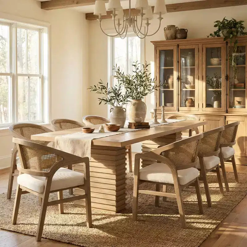 Christopher Knight Home Delia Farmhouse 9 Piece Dining Table with Rattan Rubberwood Upholstered Chairs