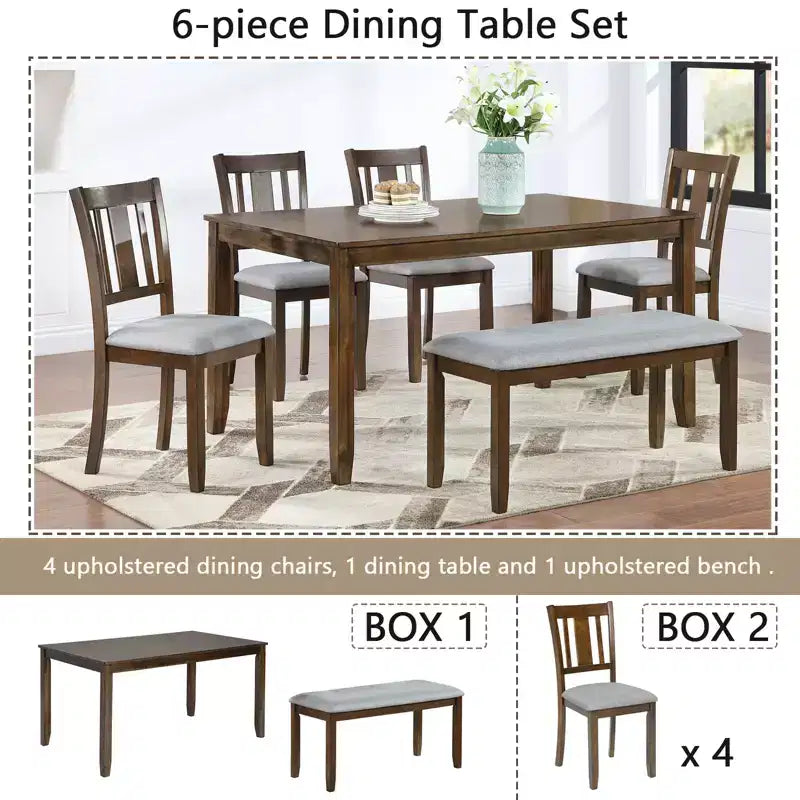 sumyeg 6 Piece Rectangular Dining Table Set with Chairs and Bench for Kitchen or Dining Room