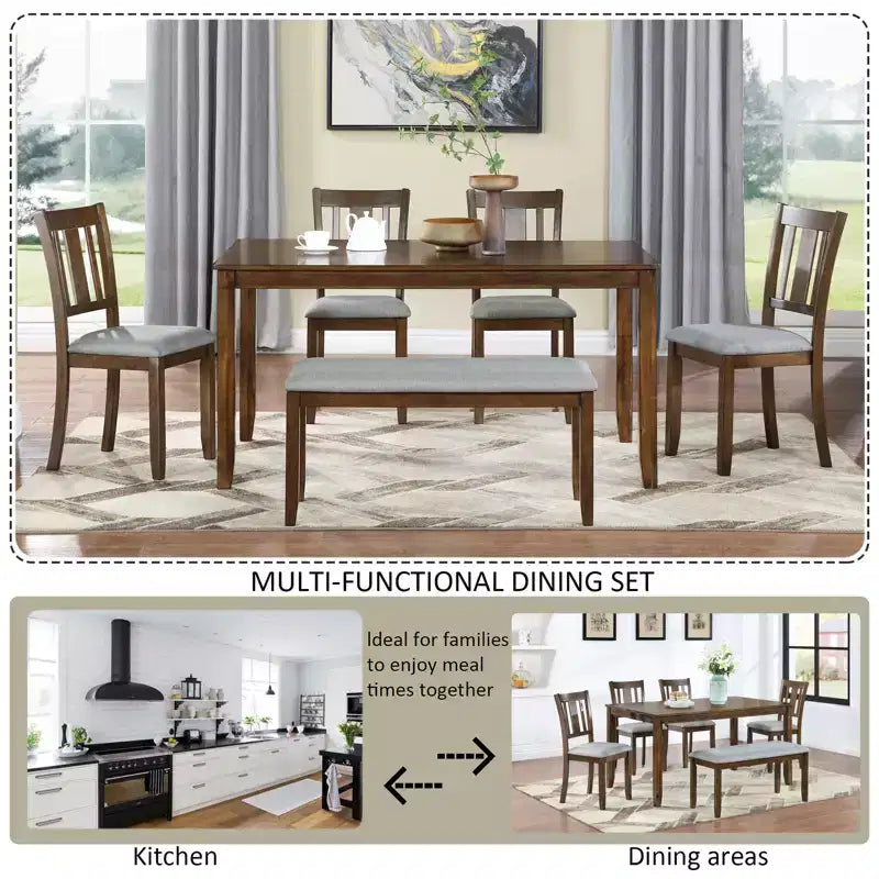 sumyeg 6 Piece Rectangular Dining Table Set with Chairs and Bench for Kitchen or Dining Room