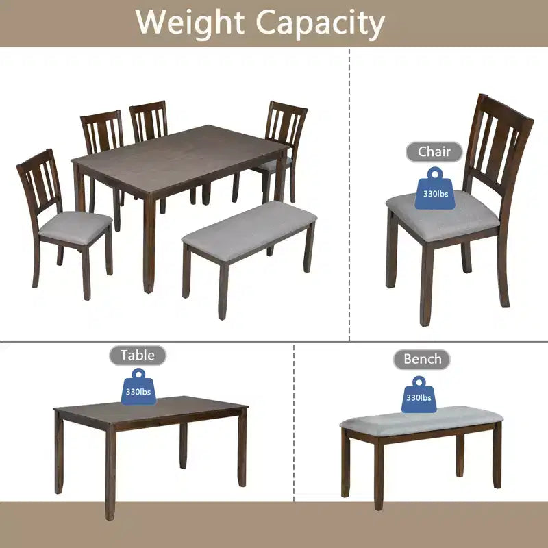 sumyeg 6 Piece Rectangular Dining Table Set with Chairs and Bench for Kitchen or Dining Room