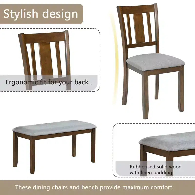 sumyeg 6 Piece Rectangular Dining Table Set with Chairs and Bench for Kitchen or Dining Room