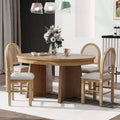 Rattan Round Dining Table Set for 4, Extendable Dining Set with 4 Upholstered Chairs, Kitchen Table and Chairs Set for Small Space, Natural Wood Wash