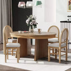 Rattan Round Dining Table Set for 4, Extendable Dining Set with 4 Upholstered Chairs, Kitchen Table and Chairs Set for Small Space, Natural Wood Wash