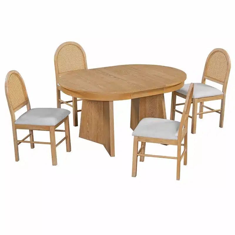 Rattan Round Dining Table Set for 4, Extendable Dining Set with 4 Upholstered Chairs, Kitchen Table and Chairs Set for Small Space, Natural Wood Wash