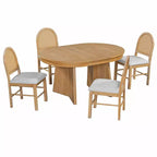 Rattan Round Dining Table Set for 4, Extendable Dining Set with 4 Upholstered Chairs, Kitchen Table and Chairs Set for Small Space, Natural Wood Wash