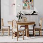 Rattan Round Dining Table Set for 4, Extendable Dining Set with 4 Upholstered Chairs, Kitchen Table and Chairs Set for Small Space, Natural Wood Wash