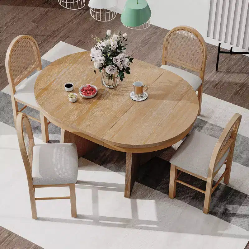 Rattan Round Dining Table Set for 4, Extendable Dining Set with 4 Upholstered Chairs, Kitchen Table and Chairs Set for Small Space, Natural Wood Wash