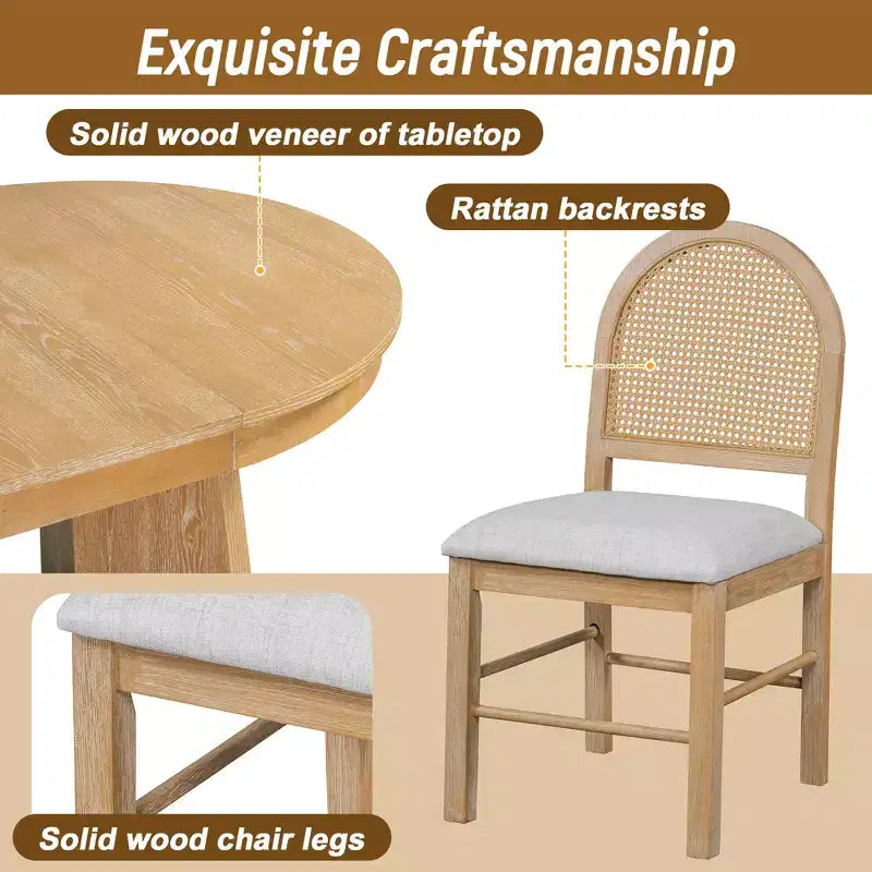 Rattan Round Dining Table Set for 4, Extendable Dining Set with 4 Upholstered Chairs, Kitchen Table and Chairs Set for Small Space, Natural Wood Wash
