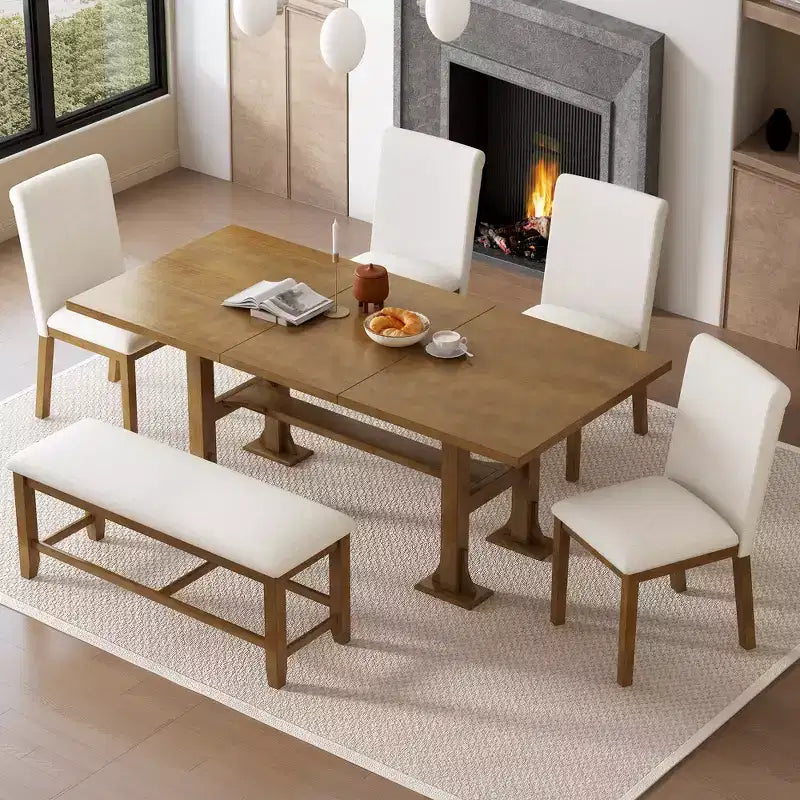 6 Pieces Dining Table Set with Bench for 6, Kitchen Table Set with Storage Drawer and 4 Upholstered Dining Chairs