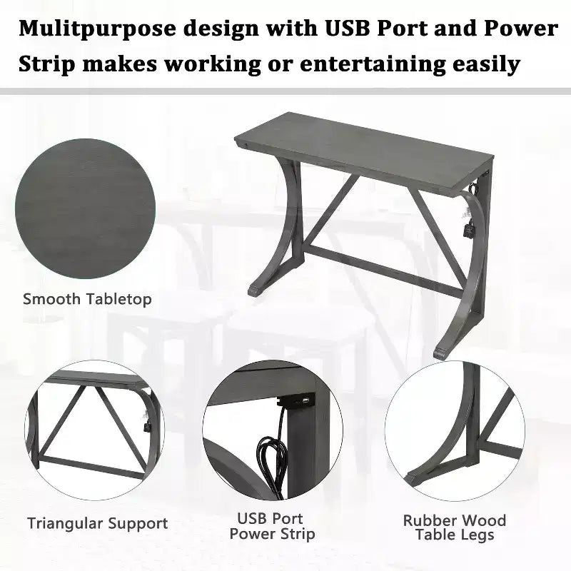 Farmhouse 3 Piece Counter Height Dining Table Set for 2, Wood Console Bar Table with USB Port and Upholstered Stools for Small Space