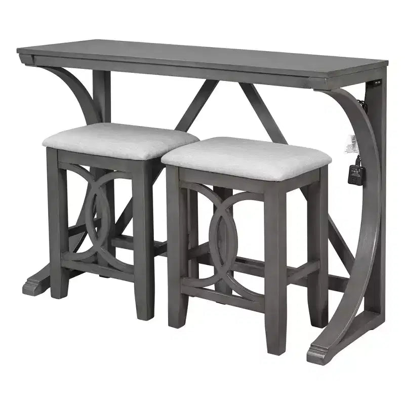 Farmhouse 3 Piece Counter Height Dining Table Set for 2, Wood Console Bar Table with USB Port and Upholstered Stools for Small Space
