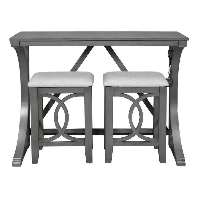 Farmhouse 3 Piece Counter Height Dining Table Set for 2, Wood Console Bar Table with USB Port and Upholstered Stools for Small Space