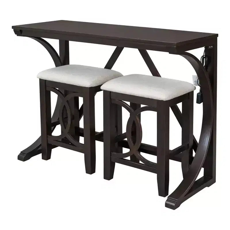 Farmhouse 3 Piece Counter Height Dining Table Set for 2, Wood Console Bar Table with USB Port and Upholstered Stools for Small Space
