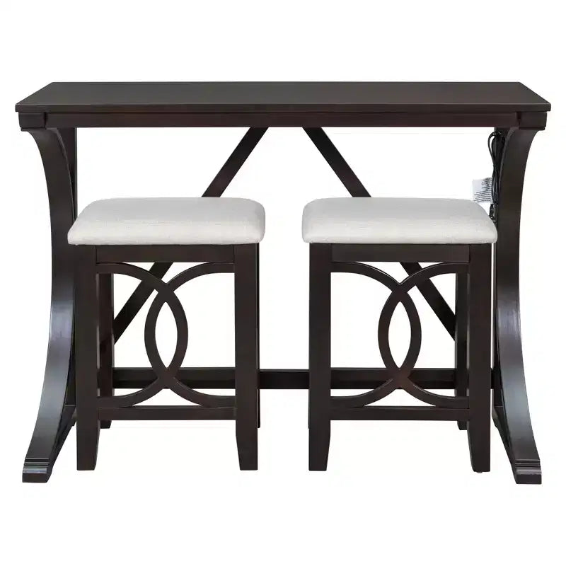 Farmhouse 3 Piece Counter Height Dining Table Set for 2, Wood Console Bar Table with USB Port and Upholstered Stools for Small Space