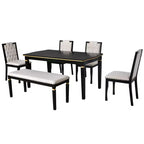 6-delige retro keuken-eettafelset, rechthoekige tafel met 4 gecapitonneerde stoelen met hoge rugleuning en bank, houten eettafelset voor 6 personen