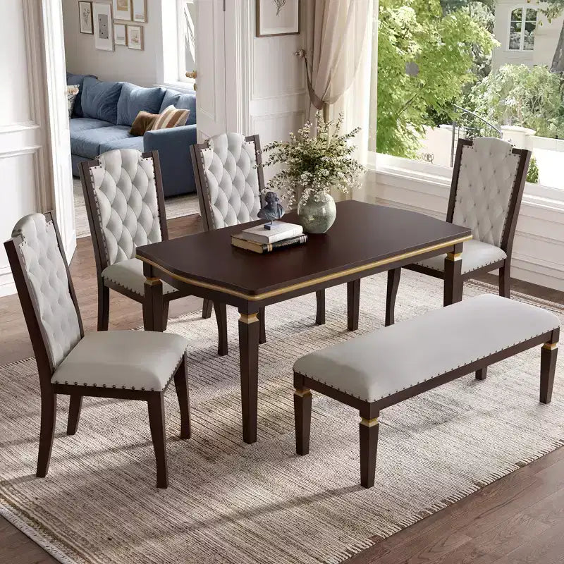 6-delige retro keuken-eettafelset, rechthoekige tafel met 4 gecapitonneerde stoelen met hoge rugleuning en bank, houten eettafelset voor 6 personen