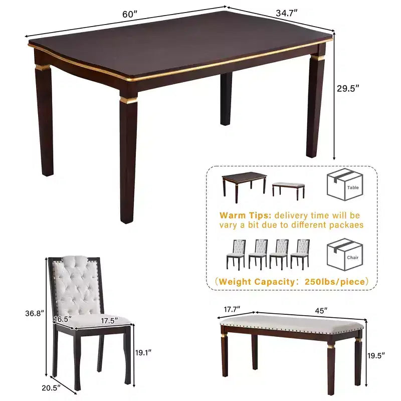 6-delige retro keuken-eettafelset, rechthoekige tafel met 4 gecapitonneerde stoelen met hoge rugleuning en bank, houten eettafelset voor 6 personen