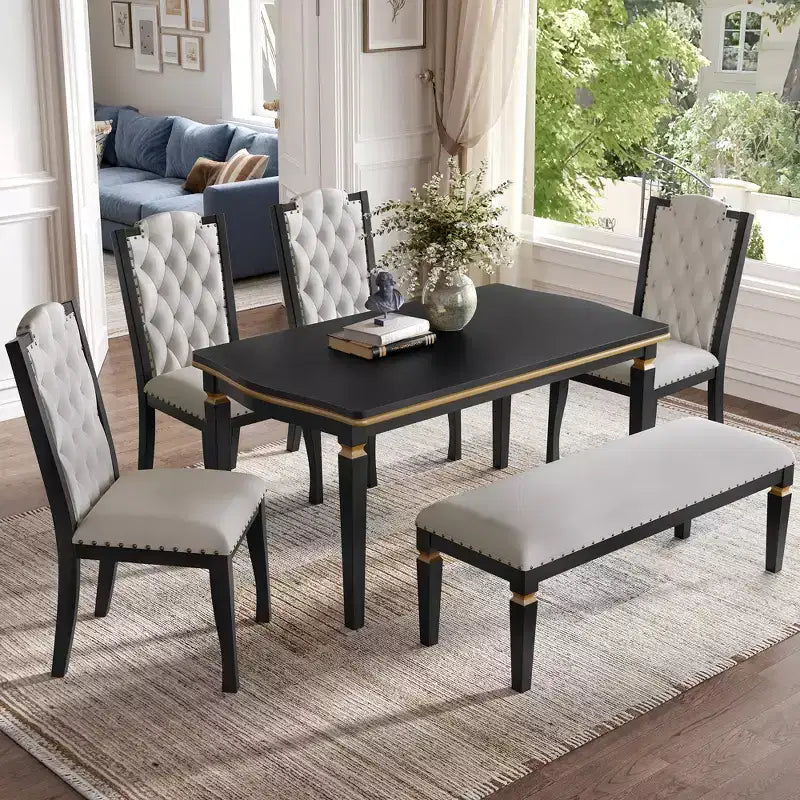 6-delige retro keuken-eettafelset, rechthoekige tafel met 4 gecapitonneerde stoelen met hoge rugleuning en bank, houten eettafelset voor 6 personen