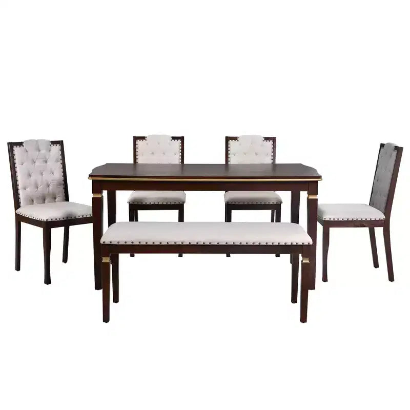 6-delige retro keuken-eettafelset, rechthoekige tafel met 4 gecapitonneerde stoelen met hoge rugleuning en bank, houten eettafelset voor 6 personen