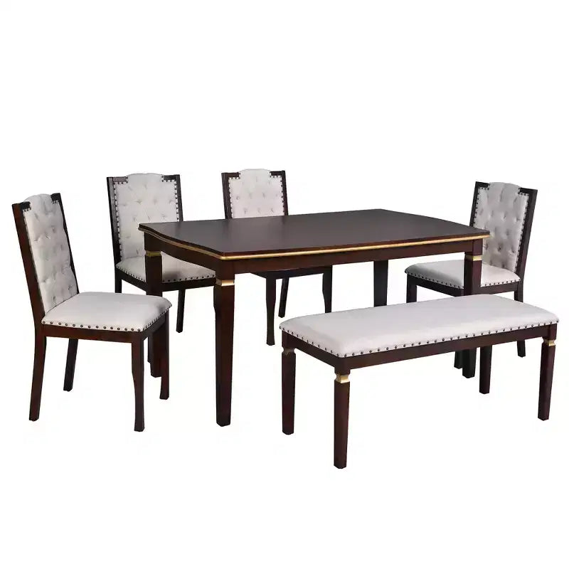 6-delige retro keuken-eettafelset, rechthoekige tafel met 4 gecapitonneerde stoelen met hoge rugleuning en bank, houten eettafelset voor 6 personen