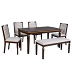 6-delige retro keuken-eettafelset, rechthoekige tafel met 4 gecapitonneerde stoelen met hoge rugleuning en bank, houten eettafelset voor 6 personen