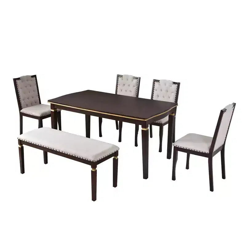 6-delige retro keuken-eettafelset, rechthoekige tafel met 4 gecapitonneerde stoelen met hoge rugleuning en bank, houten eettafelset voor 6 personen