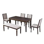 6-delige retro keuken-eettafelset, rechthoekige tafel met 4 gecapitonneerde stoelen met hoge rugleuning en bank, houten eettafelset voor 6 personen