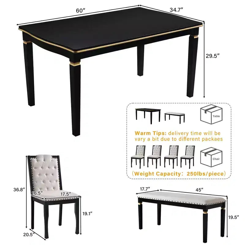 6-delige retro keuken-eettafelset, rechthoekige tafel met 4 gecapitonneerde stoelen met hoge rugleuning en bank, houten eettafelset voor 6 personen
