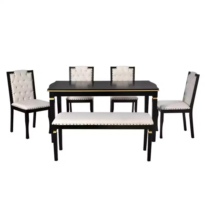 6-delige retro keuken-eettafelset, rechthoekige tafel met 4 gecapitonneerde stoelen met hoge rugleuning en bank, houten eettafelset voor 6 personen
