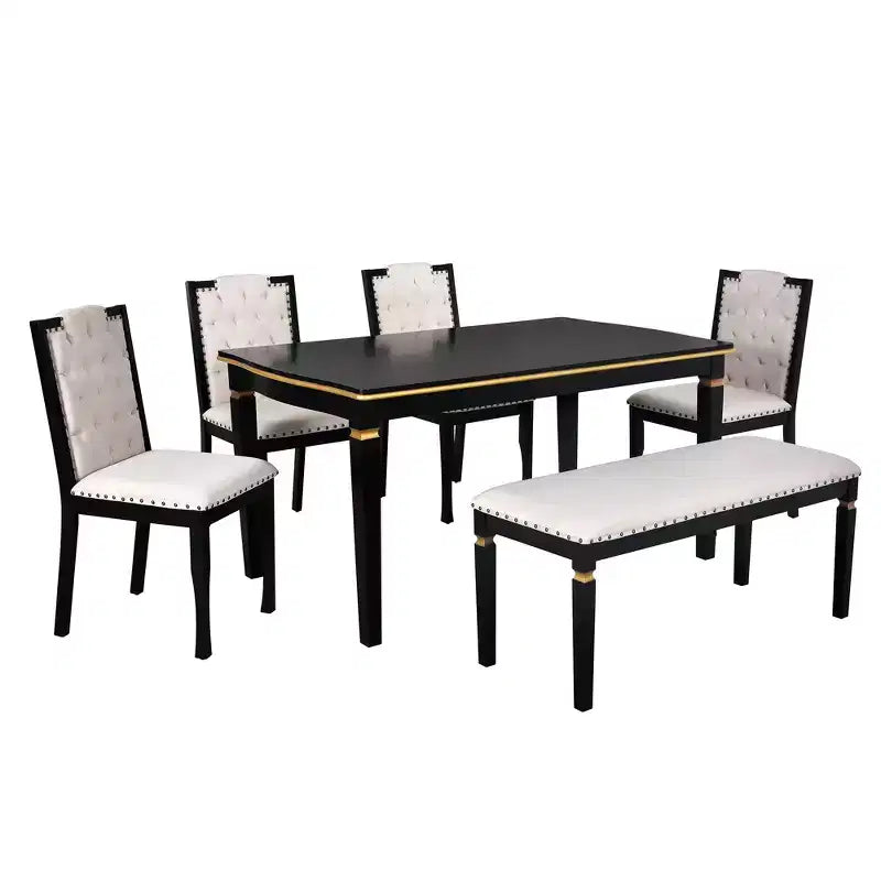 6-delige retro keuken-eettafelset, rechthoekige tafel met 4 gecapitonneerde stoelen met hoge rugleuning en bank, houten eettafelset voor 6 personen