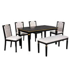 6-delige retro keuken-eettafelset, rechthoekige tafel met 4 gecapitonneerde stoelen met hoge rugleuning en bank, houten eettafelset voor 6 personen