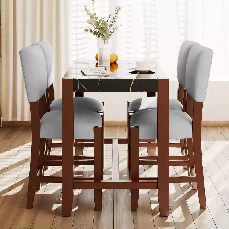 Marmeren eettafelset op aanrechthoogte voor 4 personen, 5-delige bartafelset met 4 gestoffeerde stoelen voor eetkamer, café, keuken of kleine ruimte