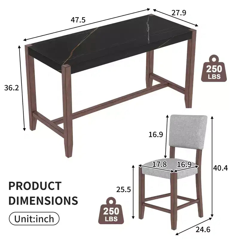 Marmeren eettafelset op aanrechthoogte voor 4 personen, 5-delige bartafelset met 4 gestoffeerde stoelen voor eetkamer, café, keuken of kleine ruimte