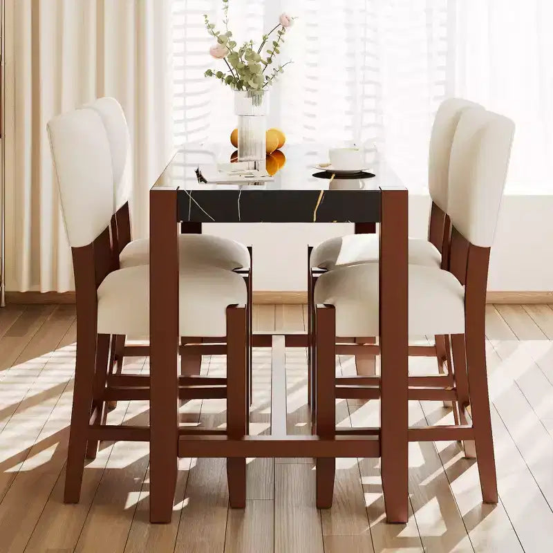 Marmeren eettafelset op aanrechthoogte voor 4 personen, 5-delige bartafelset met 4 gestoffeerde stoelen voor eetkamer, café, keuken of kleine ruimte