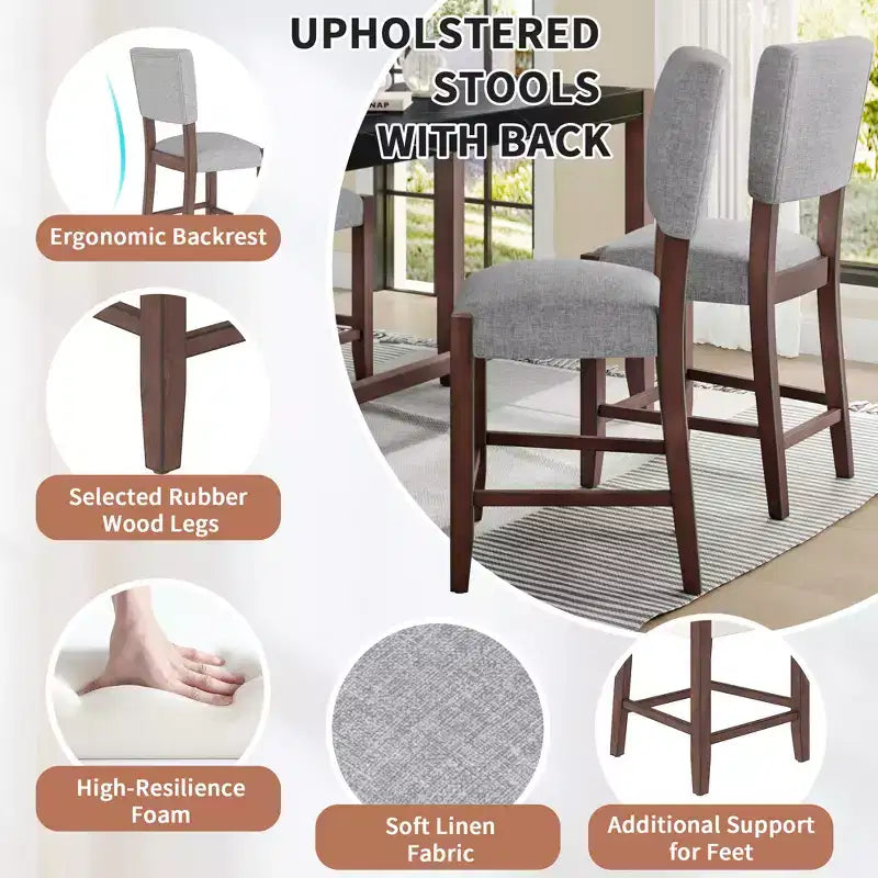 Marmeren eettafelset op aanrechthoogte voor 4 personen, 5-delige bartafelset met 4 gestoffeerde stoelen voor eetkamer, café, keuken of kleine ruimte