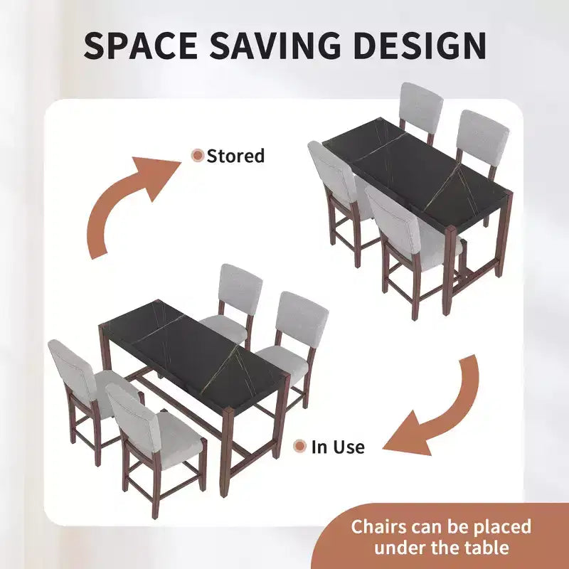 Marmeren eettafelset op aanrechthoogte voor 4 personen, 5-delige bartafelset met 4 gestoffeerde stoelen voor eetkamer, café, keuken of kleine ruimte