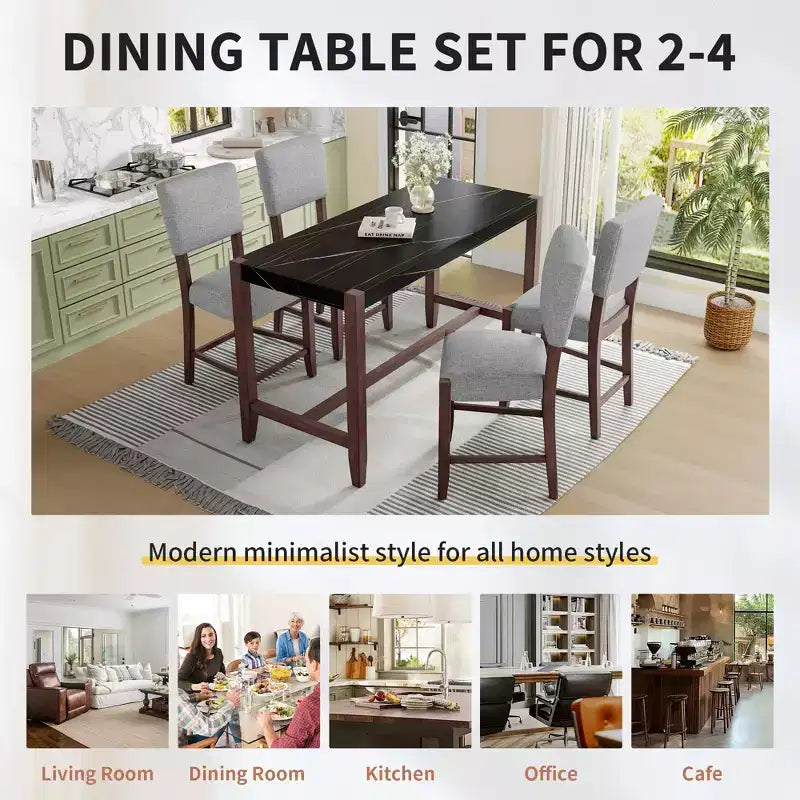 Marmeren eettafelset op aanrechthoogte voor 4 personen, 5-delige bartafelset met 4 gestoffeerde stoelen voor eetkamer, café, keuken of kleine ruimte