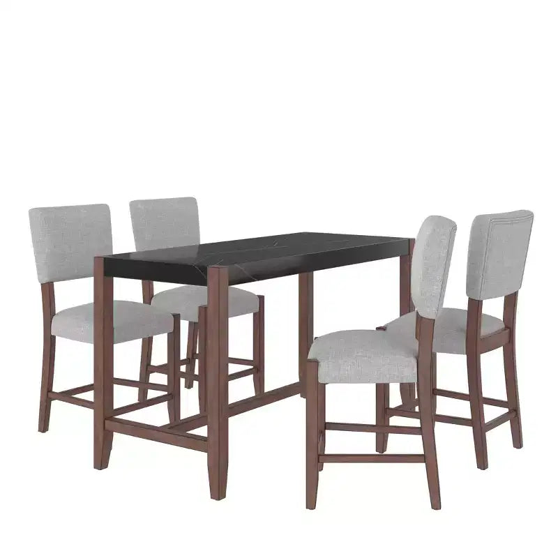 Marmeren eettafelset op aanrechthoogte voor 4 personen, 5-delige bartafelset met 4 gestoffeerde stoelen voor eetkamer, café, keuken of kleine ruimte