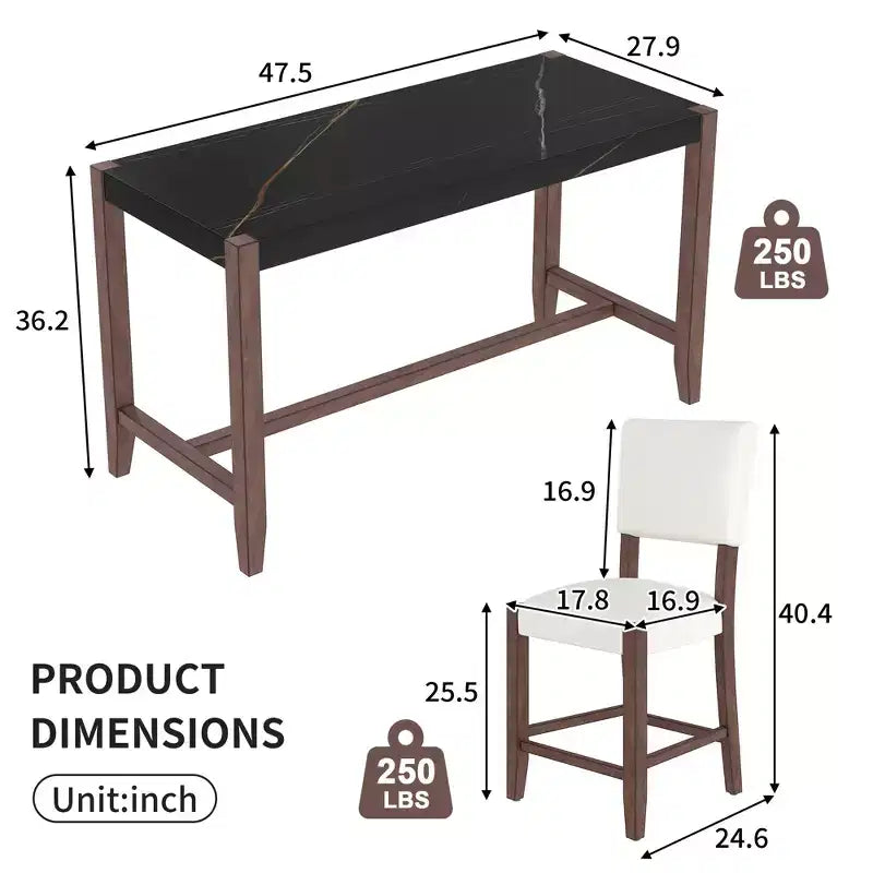 Marmeren eettafelset op aanrechthoogte voor 4 personen, 5-delige bartafelset met 4 gestoffeerde stoelen voor eetkamer, café, keuken of kleine ruimte
