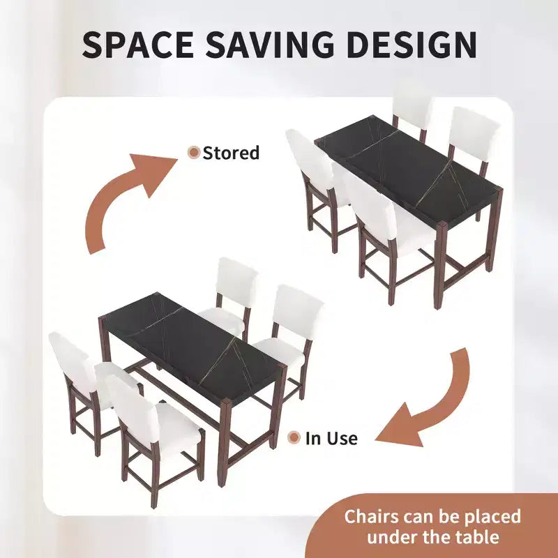 Marmeren eettafelset op aanrechthoogte voor 4 personen, 5-delige bartafelset met 4 gestoffeerde stoelen voor eetkamer, café, keuken of kleine ruimte