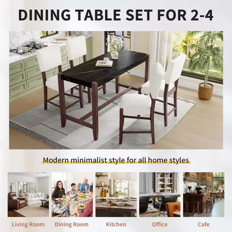 Marmeren eettafelset op aanrechthoogte voor 4 personen, 5-delige bartafelset met 4 gestoffeerde stoelen voor eetkamer, café, keuken of kleine ruimte