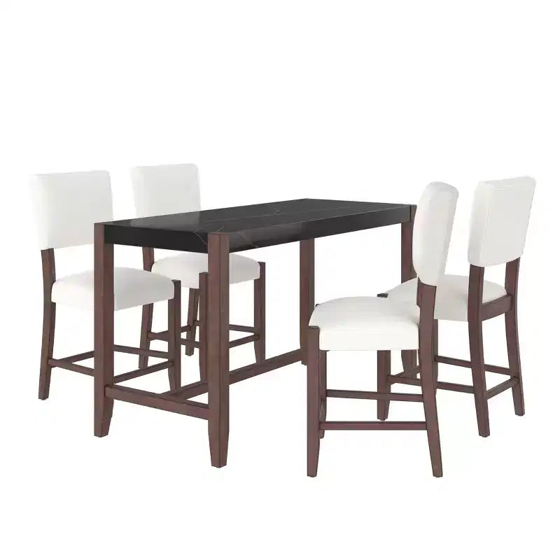 Marmeren eettafelset op aanrechthoogte voor 4 personen, 5-delige bartafelset met 4 gestoffeerde stoelen voor eetkamer, café, keuken of kleine ruimte